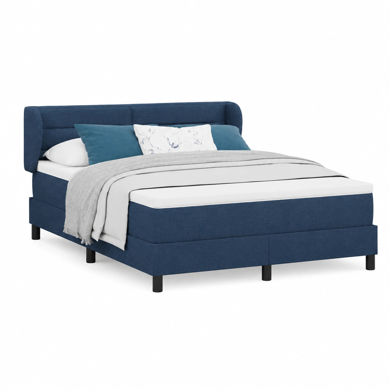 Cama King Size de Pino Macizo con Cabecero Azul y Colchón 160x200 cm