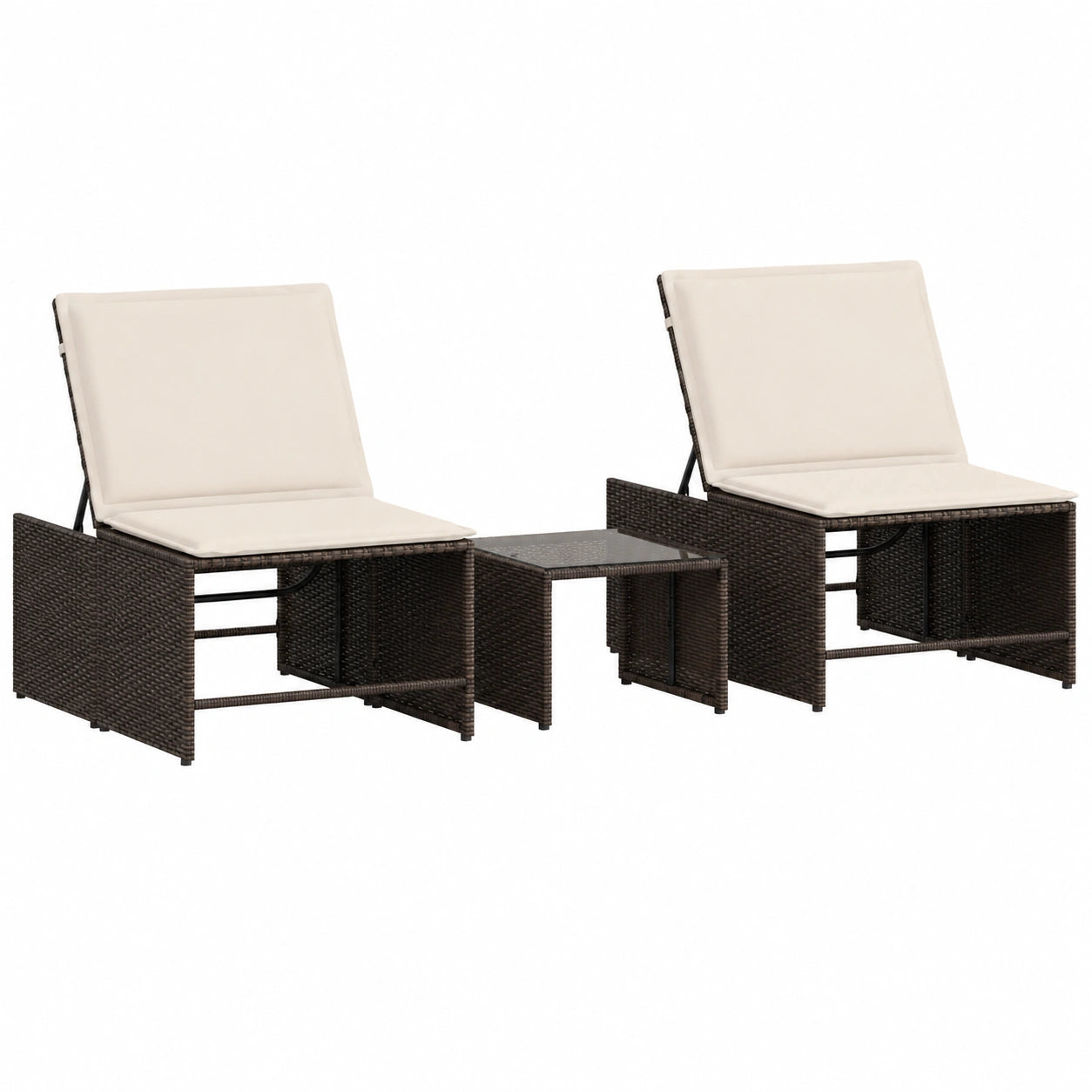 Conjunto de 2 tumbonas y mesa en poliratán marrón, respaldo ajustable, UV resistente, ideal para jardín y piscina, 70x196 cm