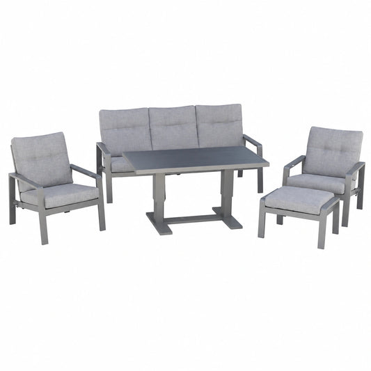 Conjunto de Jardín YOEVU de 5 Plazas con Sillón Reclinable y Mesa Multiusos, Aluminio Gris Resistente al Clima