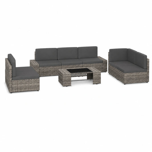 Conjunto de Muebles de Jardín de Poliratán Gris, Resistente al Clima, Ideal para Terraza y Balcón, Incluye Mesa de Café