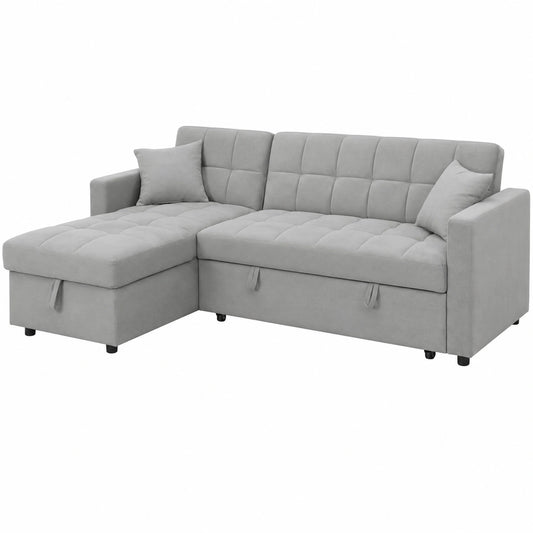 Sofá Cama Rinconera Reversible 3 Plazas con Almacenaje, Tapizado Terciopelo Gris, Estructura de Pino, 210 x 145 cm