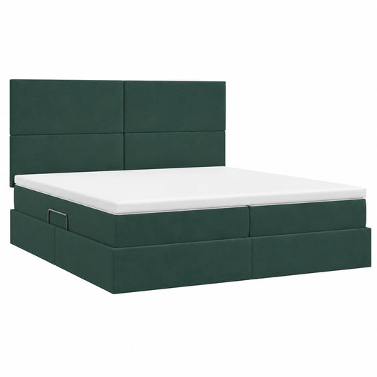Cama super king size verde oscuro con luces LED y almacenamiento hidráulico USB, diseño moderno