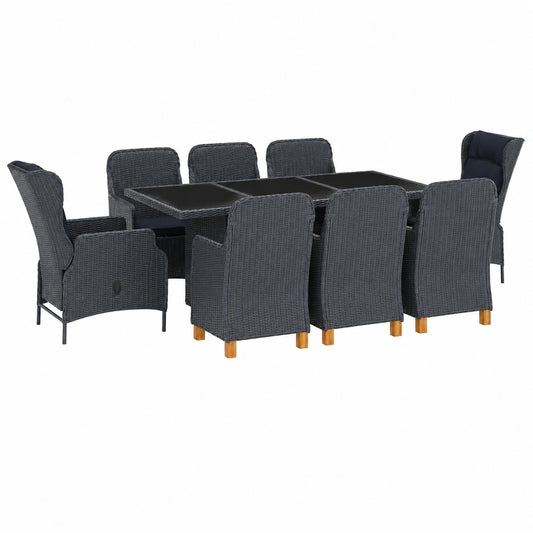 Conjunto de Jardín Reclinable de Polirratán Gris Oscuro, 9 Piezas, 200x100 cm