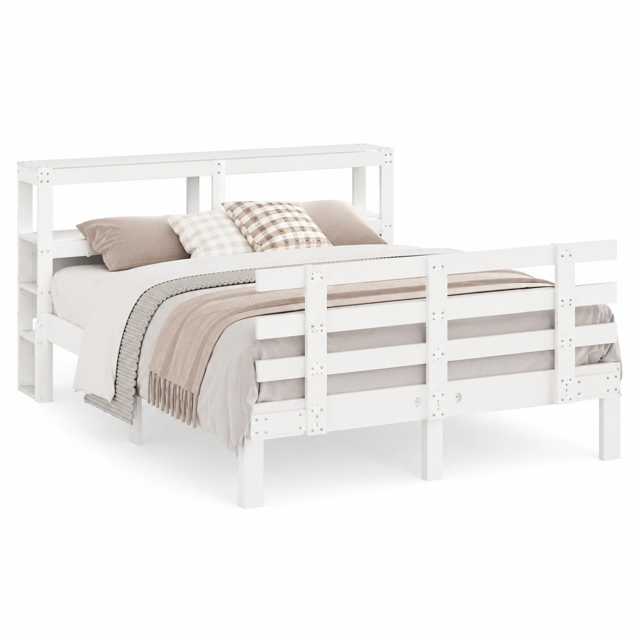 Cama King Size de Madera de Pino con Cabecero y Estantes de Almacenamiento, 150x200 cm, Blanco