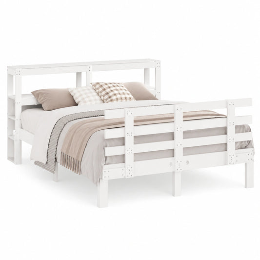 Cama King Size de Madera de Pino con Cabecero y Estantes de Almacenamiento, 150x200 cm, Blanco