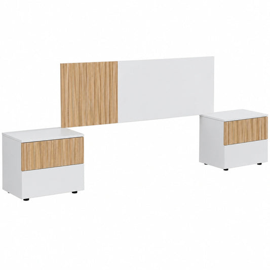 Juego de Dormitorio Ethna: Cabecero Reversible y 2 Mesitas en Blanco y Madera