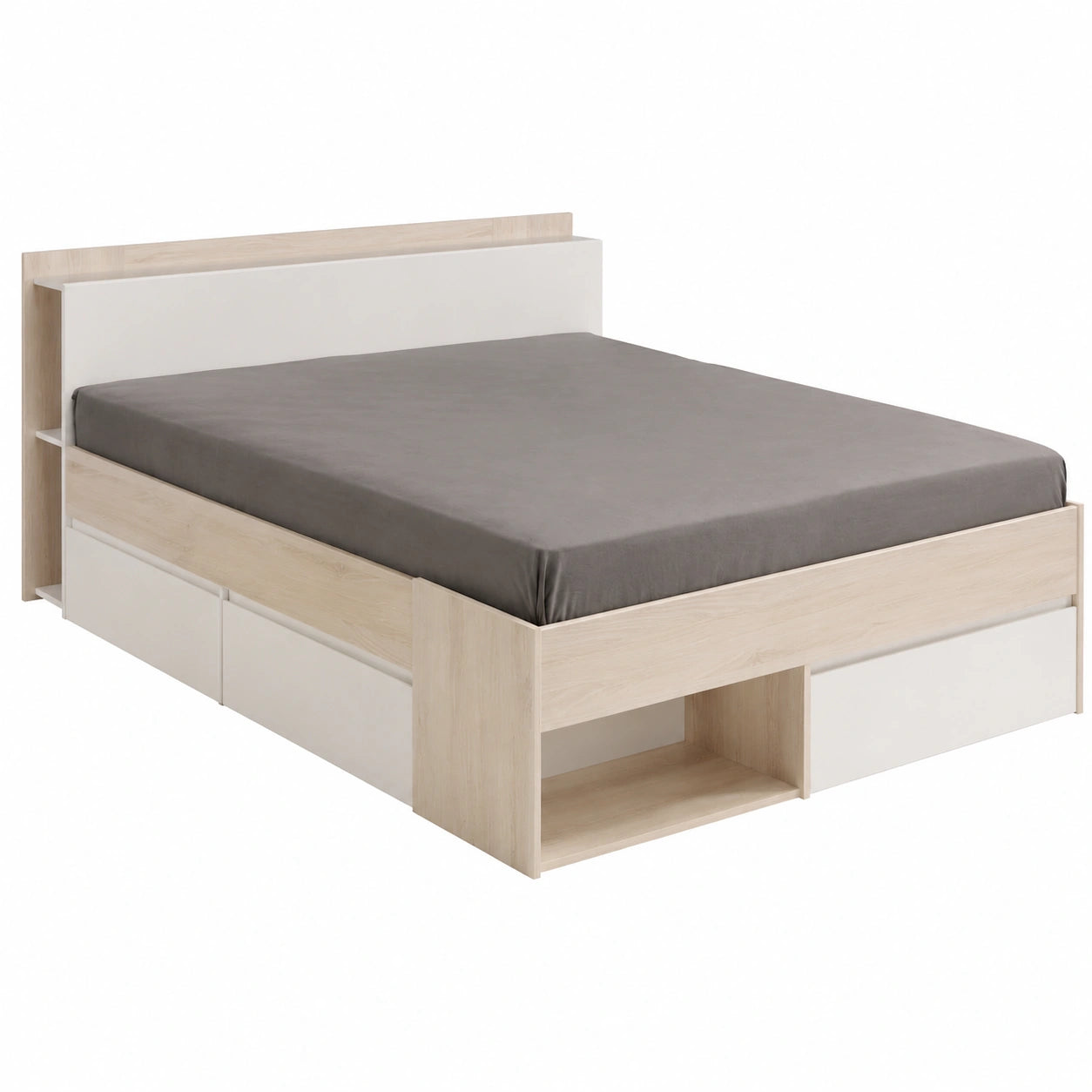 Cama Doble de Acacia y Blanco 135x190/200 cm con Almacenamiento y Cajones