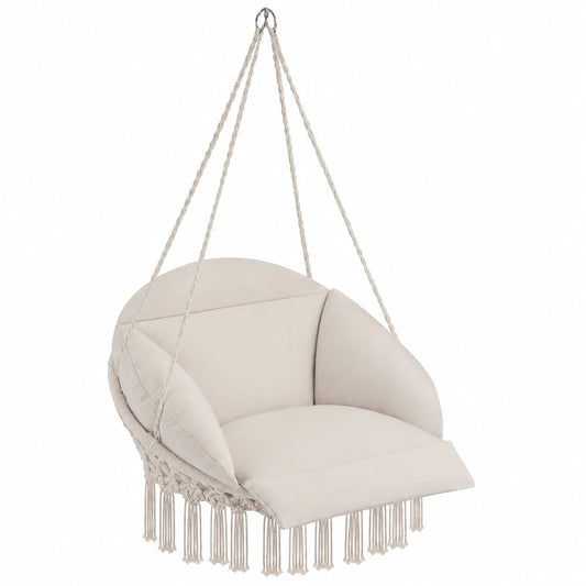 Silla Colgante Boho tectake® con Cojines Gruesos y Borlas, Ø 80 cm, Interior/Exterior, Soporta hasta 160 kg - Beige