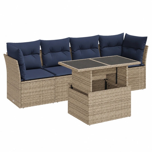 Conjunto de muebles de jardín de 5 piezas en polirratán gris con almacenamiento y cojines, resistente a UV