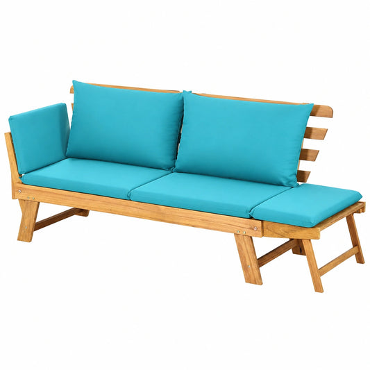 Banco de Jardín Multifuncional de Madera de Acacia con Sofá Cama, Reposabrazos Ajustables y Cojines Lavables, 2 Plazas, Capacidad 320 kg, Color Turquesa