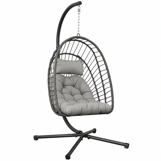 Silla Colgante de Ratán Outsunny con Cojín, Plegable, para Interior y Exterior, Soporta 100 kg, Gris Oscuro