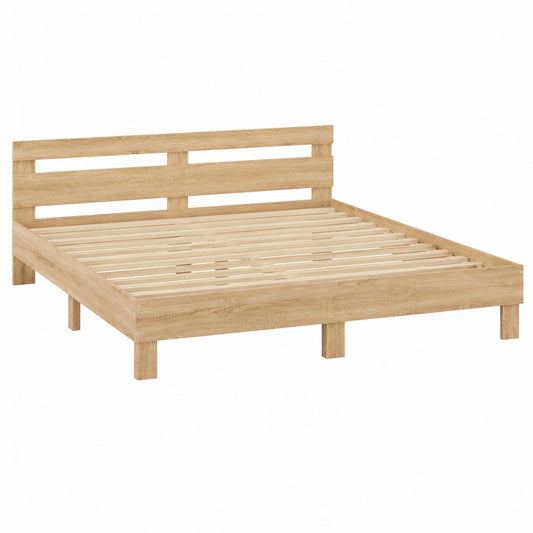 Cama de Roble Sonoma 180x200 cm con Cabecero y Luces LED, Incluye Somier de Láminas